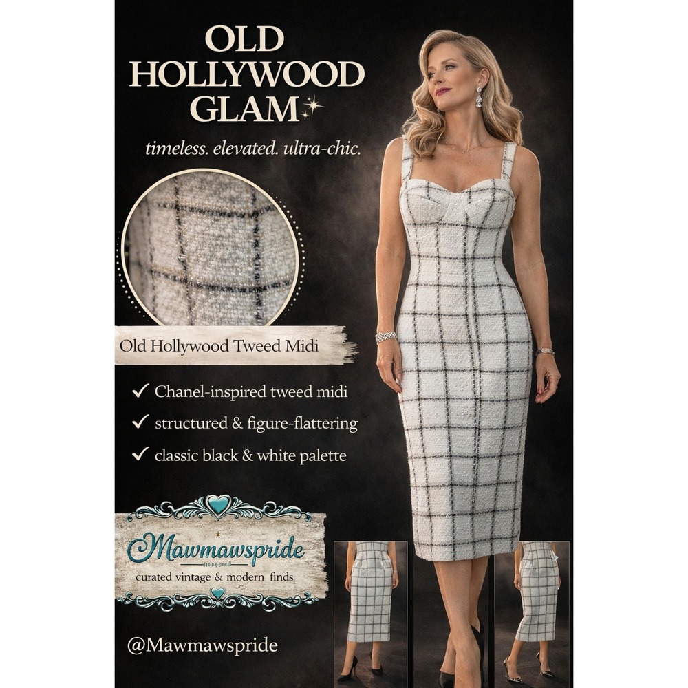 Lulus Old Hollywood Tweed Midi Dress Black White Plaid Sweetheart Neckline NWT L